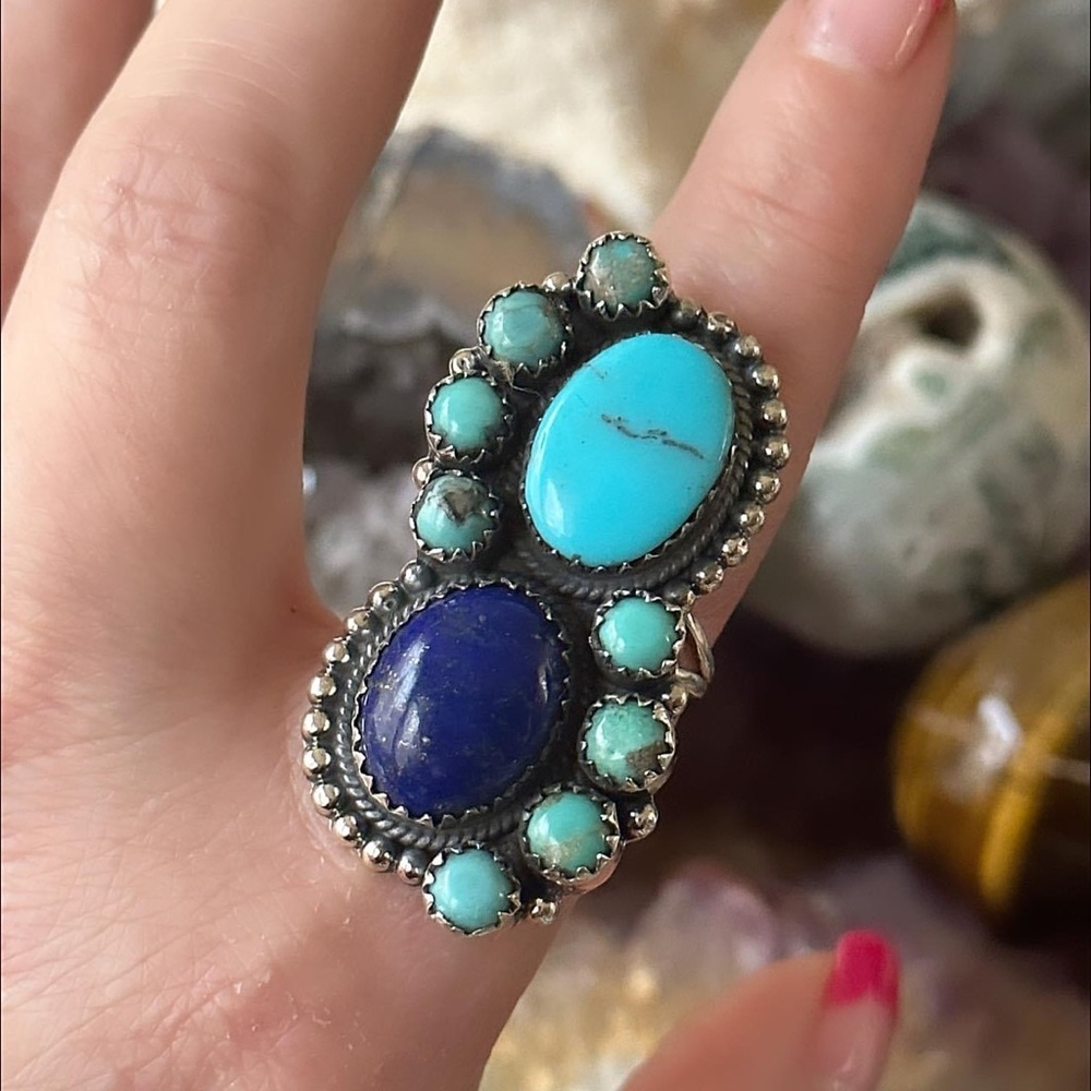 Turquoise Lapis Statement Sterling Silver Ring - image 6